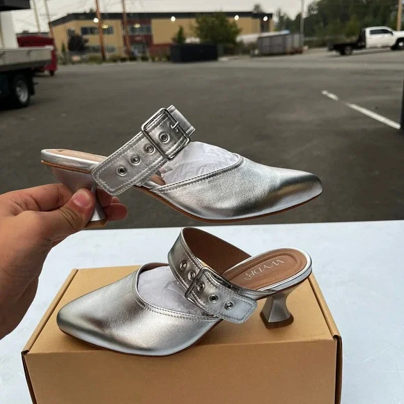 New Wydr US 7 Metallic Silver Ingrid Pointy Toe Kitten Heels - Picture 5 of 9